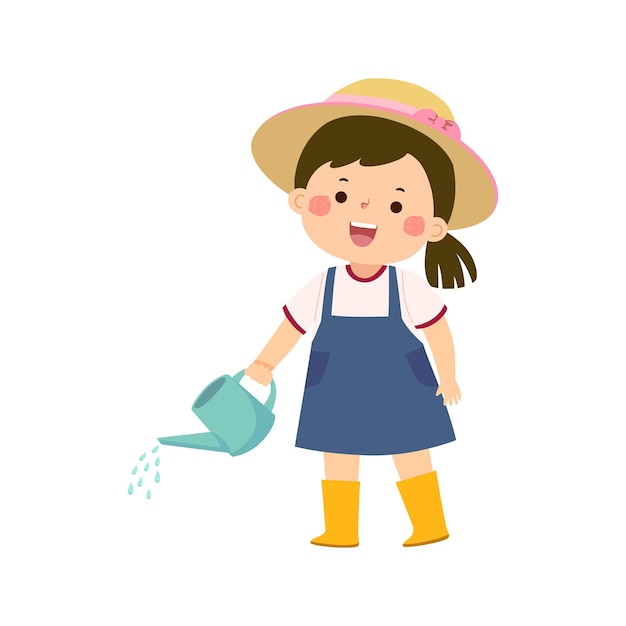 Вектор Маленькая девочка из мультфильма с чашей для полива наливает воду