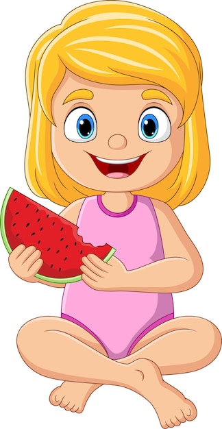 Cartoon little girl holding watermelon slice