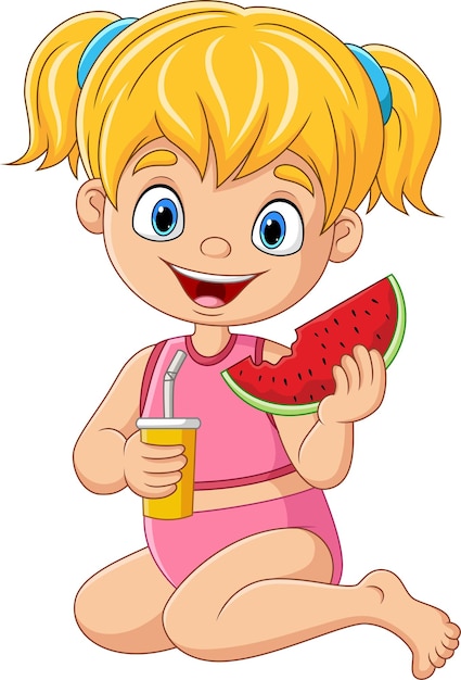 Vector cartoon little girl holding watermelon with drink