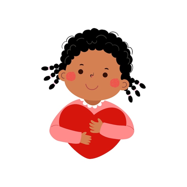 벡터 만화 어린 소녀가 심장 모양의 발렌타인 데이 컨셉을 포옹합니다.