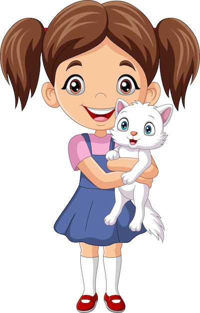 Vector cartoon little girl hugging her cat