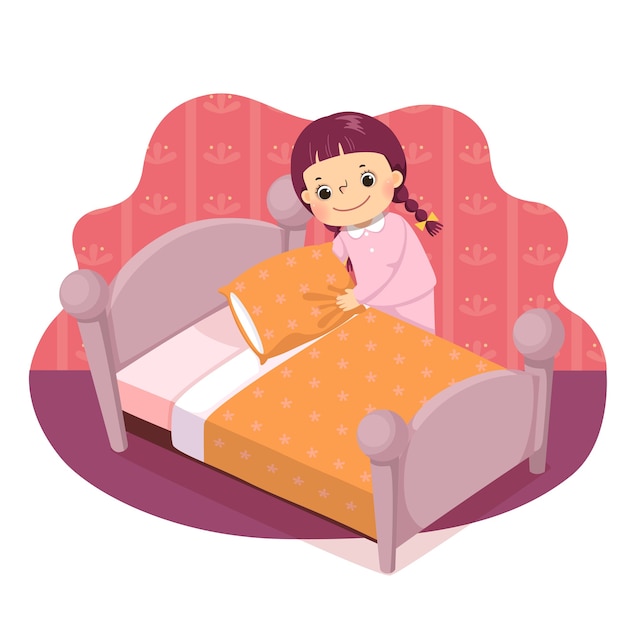  cartoon of a little girl making the bed. Kids doing housework chores at home concept.