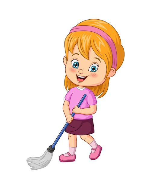 Cartoon little girl mopping the floor