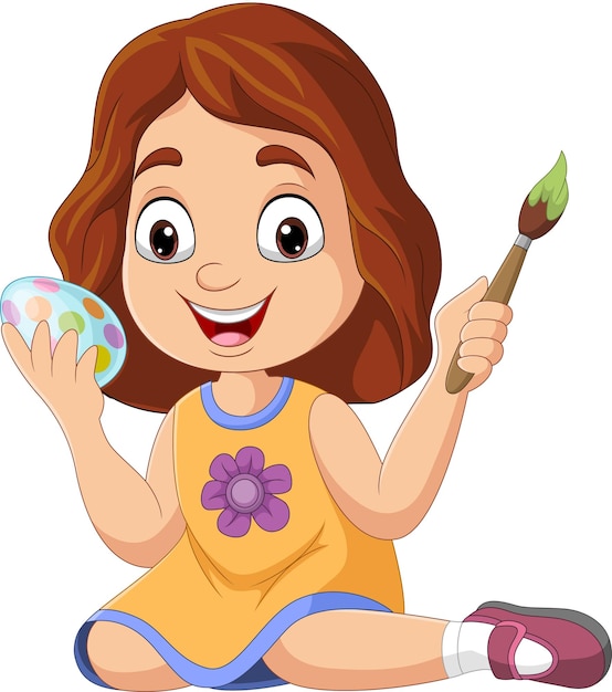 Cartoon little girl painting an easter egg