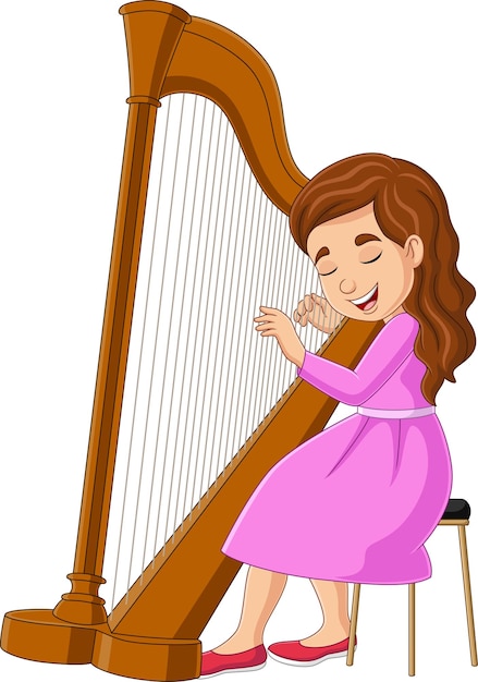 Cartoon little girl playing harp