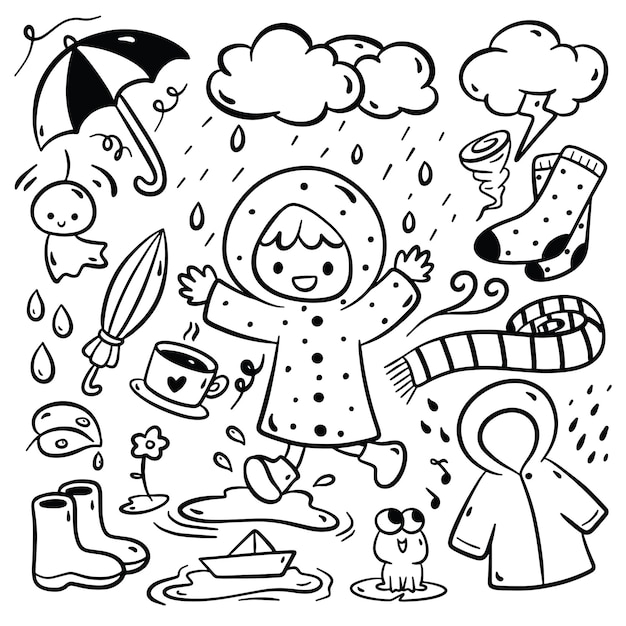 Bambina del fumetto che gioca sotto la pioggia nell'illustrazione disegnata a mano imprecisa di stile
