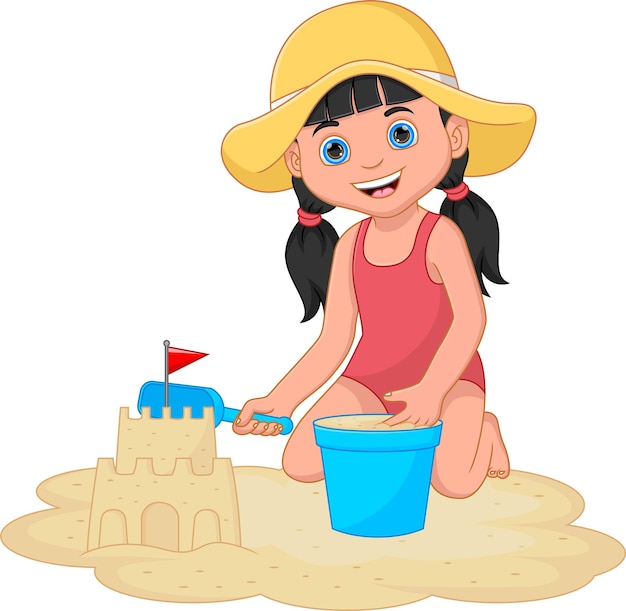 Cartoon little girl playing sand