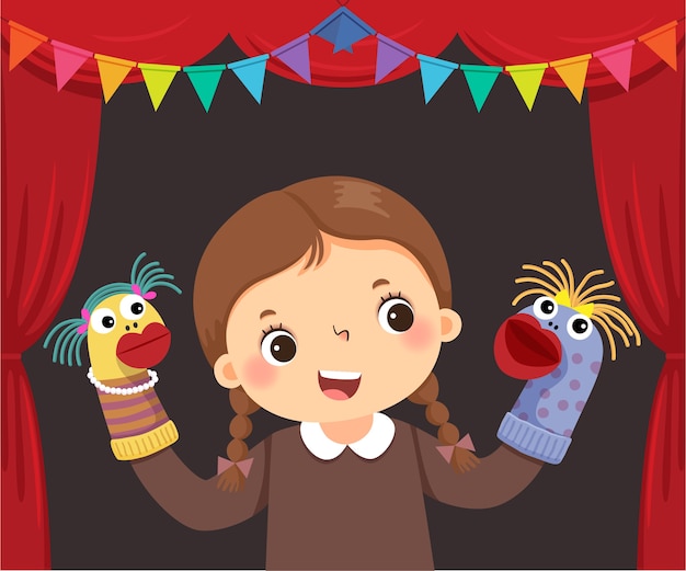 Vector cartoon of little girl playing sock puppets theatre.