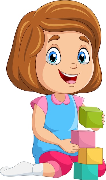 Cartoon little girl playing with building blocks