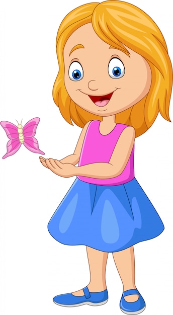 Cartoon little girl playing with butterfly