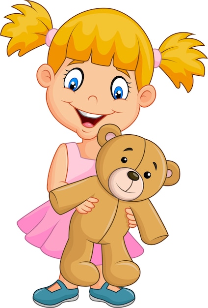 Vector cartoon little girl playing with teddy bear