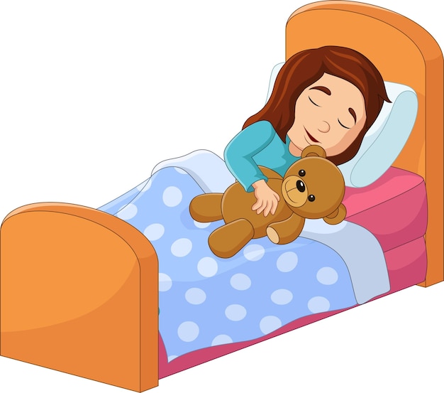 Vector cartoon little girl sleeping with stuffed bear