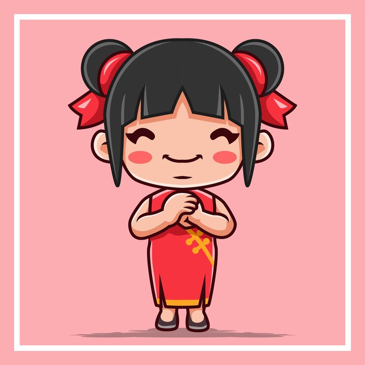 Vector cartoon little girl standing celebrating chinese new year