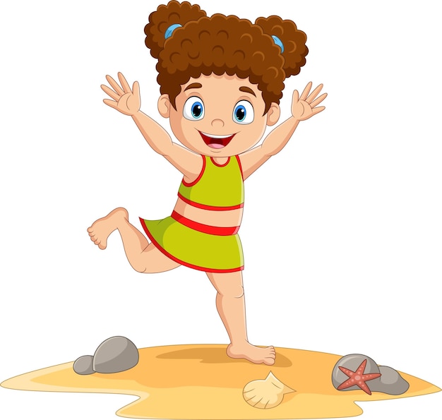 Cartoon little girl in swimsuit on beach