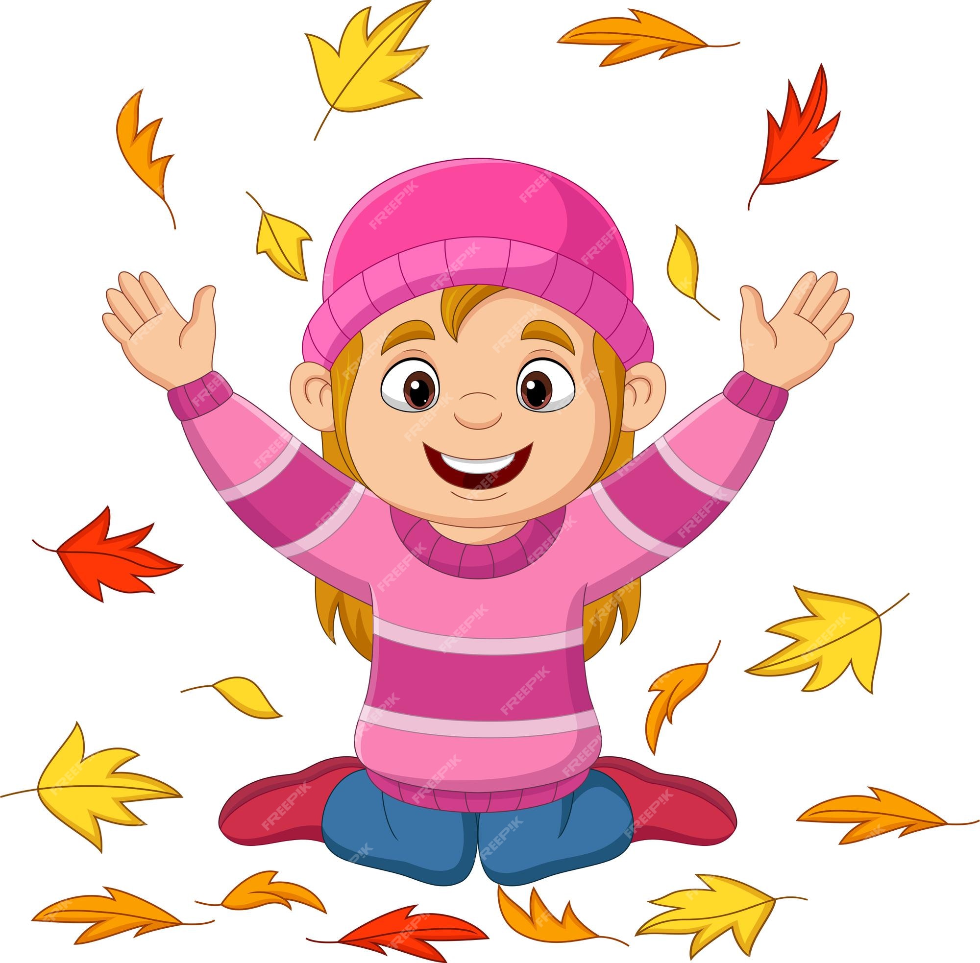 Premium Vector | Cartoon little girl throwing autumn leaves Premium Vector | Cartoon little girl throwing autumn leaves
