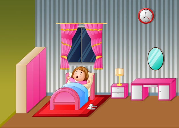 Cartoon little girl waking up and yawning