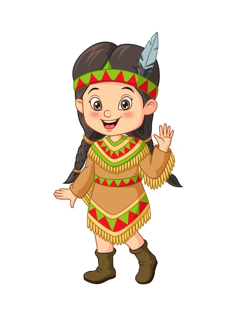 Cartoon little girl wearing american indian costume