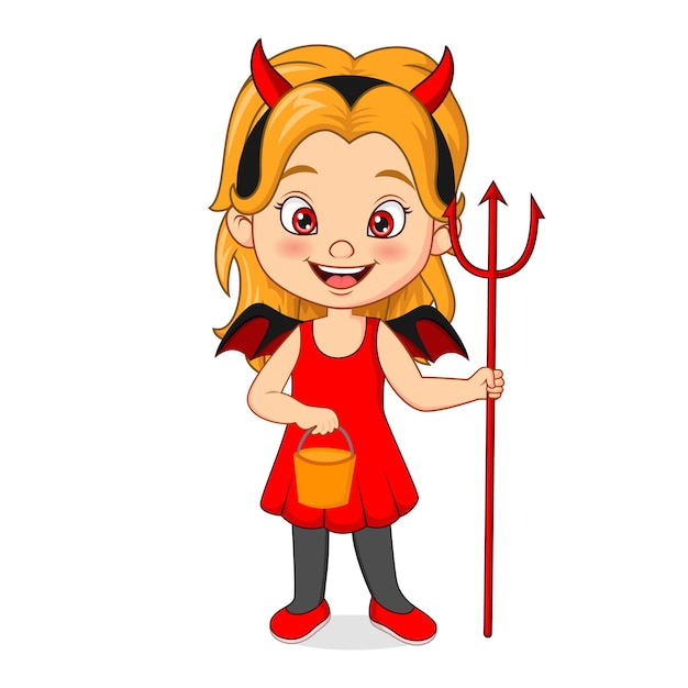 Vector cartoon little girl wearing halloween devil costume