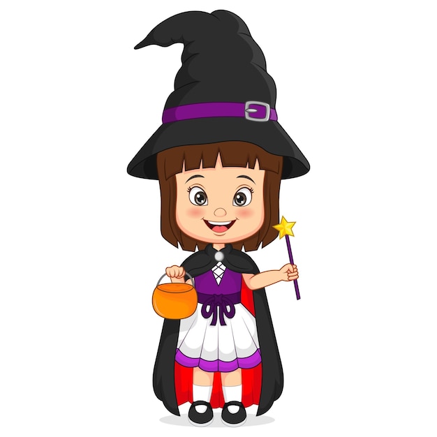 Vector cartoon little girl wearing halloween witch costume