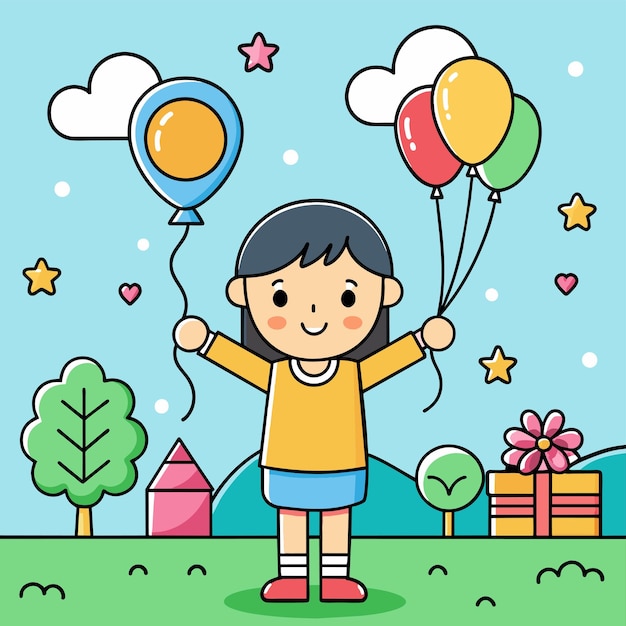 a cartoon of a little girl with balloons and a little girl standing in front of him