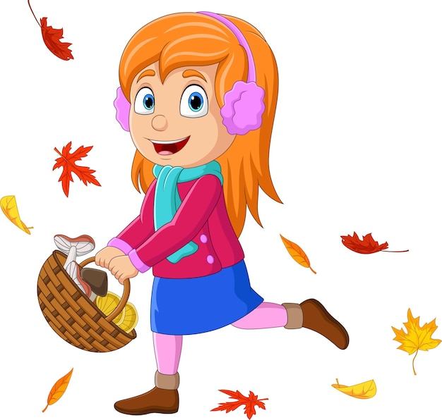 Cartoon little girl with basket of mushrooms