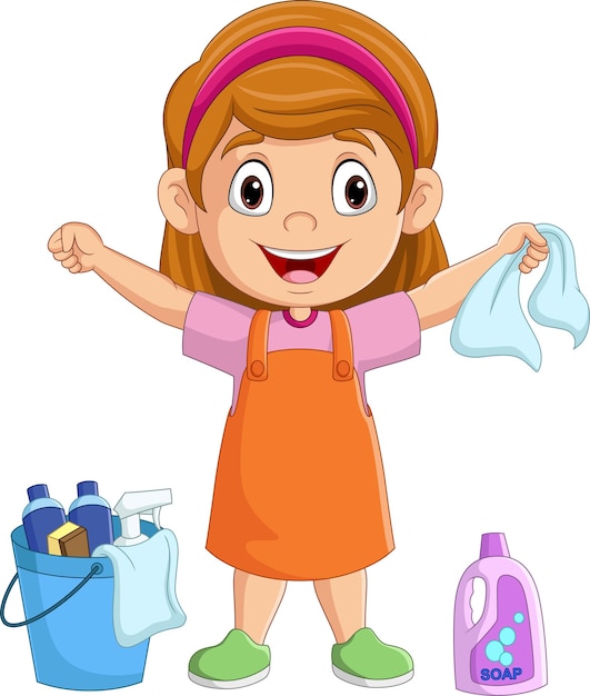 Cartoon little girl with bucket and cleanup tools