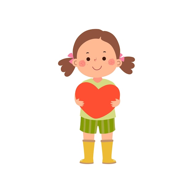 Vector cartoon little girl with red heart valentines day concept