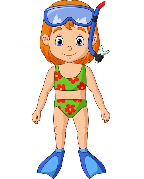 Bambina cartone animato con attrezzatura per lo snorkeling