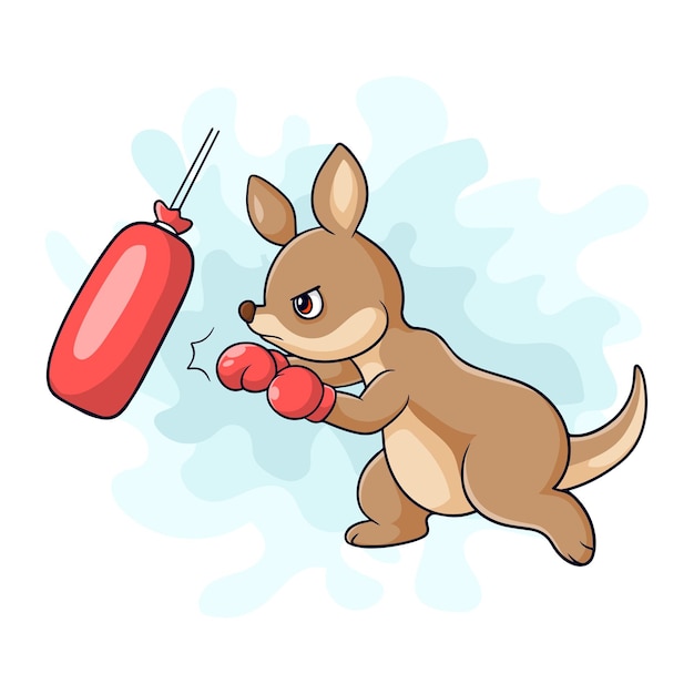 Cartoon little kangaroo is practicing boxing on a white background