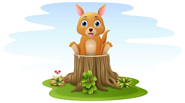 Cartoon little kangaroo sitting on tree stump