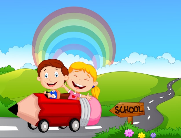 Cartoon little kid go to school