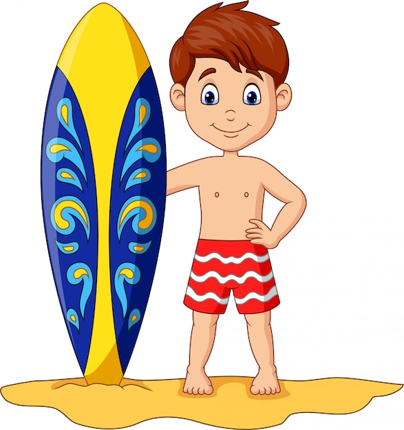 Cartoon little kid holding surfboard