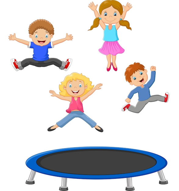 Vector cartoon little kid playing trampoline