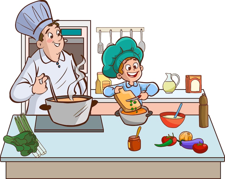 Вектор маленькие дети из мультфильмов готовят на кухне.