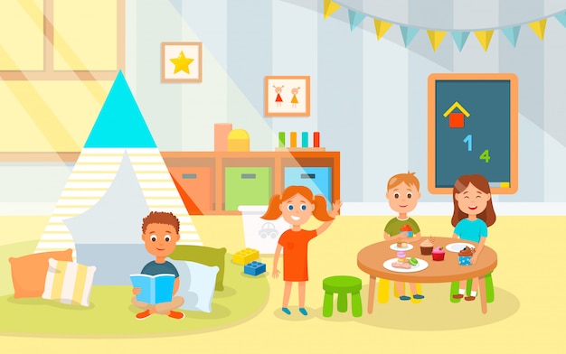 Vector cartoon little kids eat cakes in kindergarten.