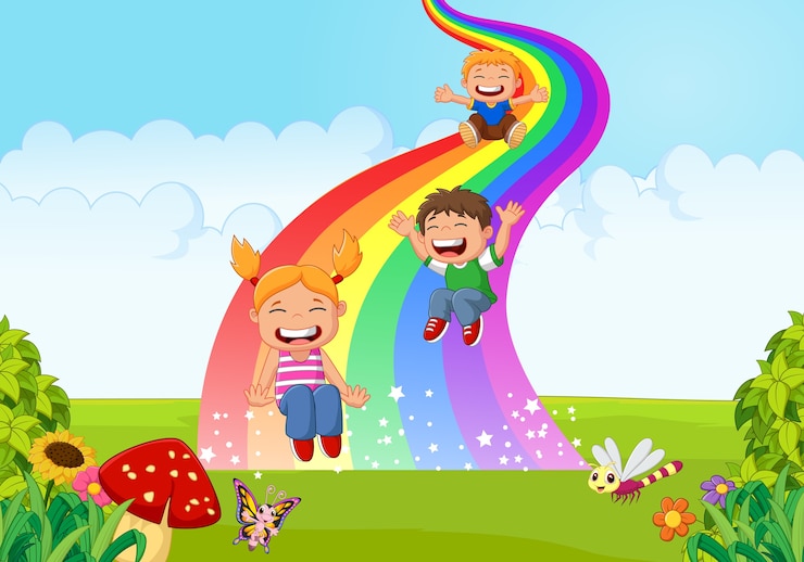 Вектор мультфильм маленькие дети играют слайд-радуга в джунглях