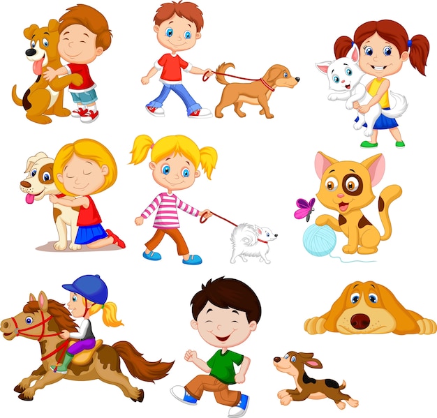 Vector cartoon little kids with pets