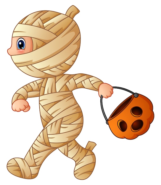 Cartoon little mummy with pumpkin basket