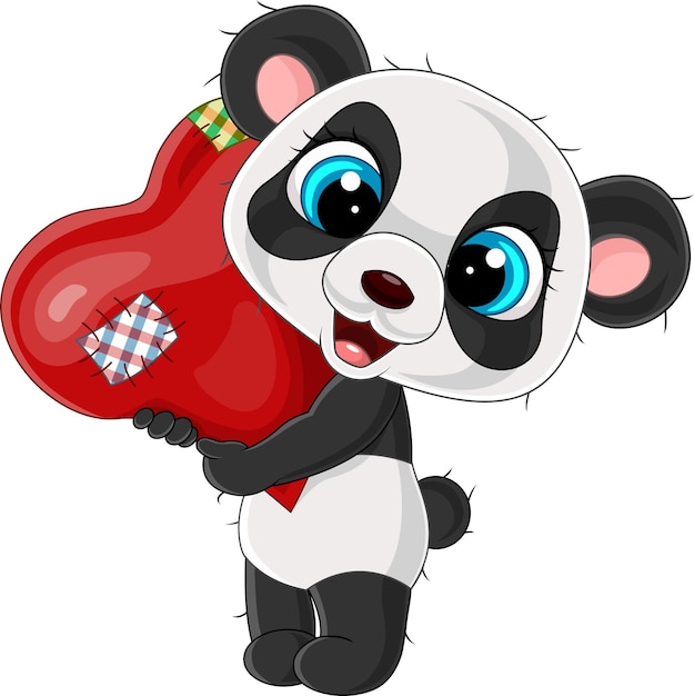 Piccolo panda cartone animato che tiene cuore rosso