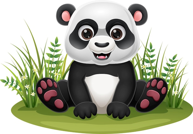 Cartoon little panda sitting in the grass