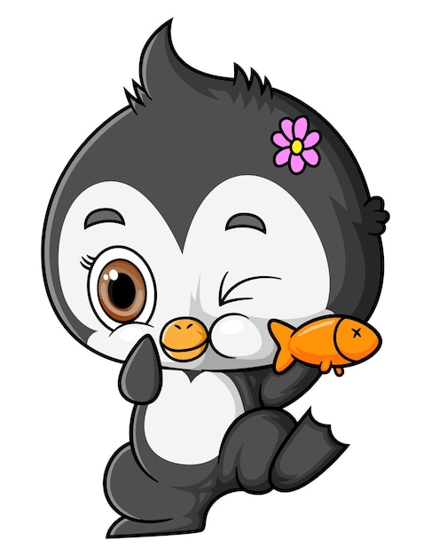 Piccolo pinguino del fumetto che tiene un pesce
