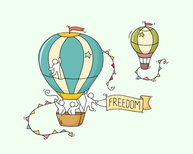 Vector cartoon little people fly in air. doodle cute miniature scene of workers with air balloons. hand drawn cartoon   illustration