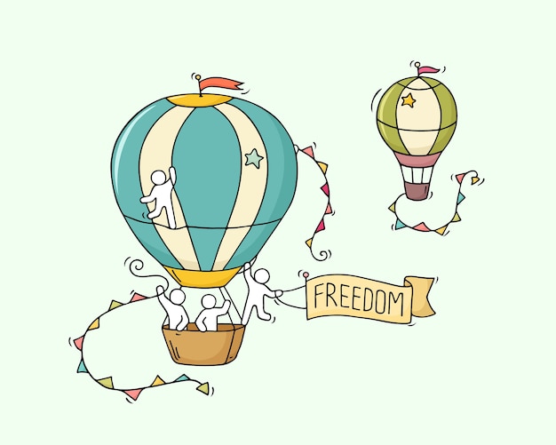 Мультяшные человечки летают в воздухе. doodle милая миниатюрная сцена рабочих с воздушными шарами. рисованной иллюстрации шаржа