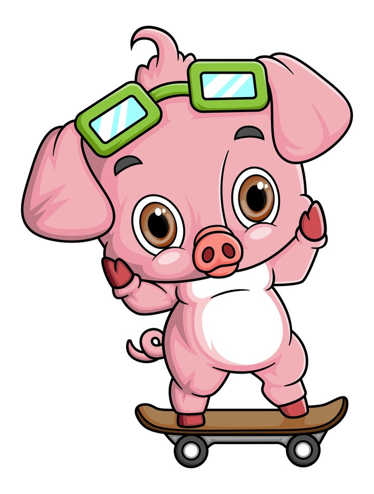Vector cartoon little pig playing skateboard on white background