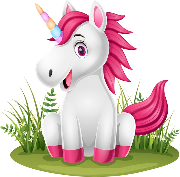 Cartoon pony unicorno seduto nell'erba