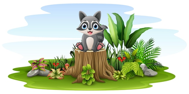 Cartoon little raccoon sitting on tree stump