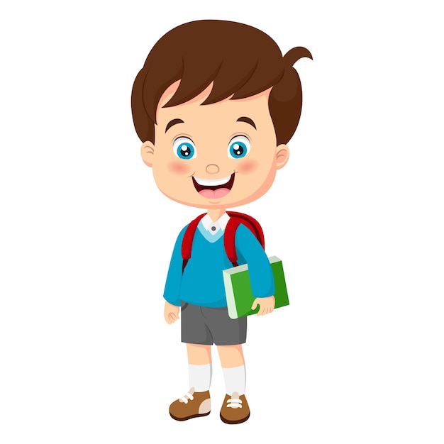 Vector cartoon little school boy holding a book