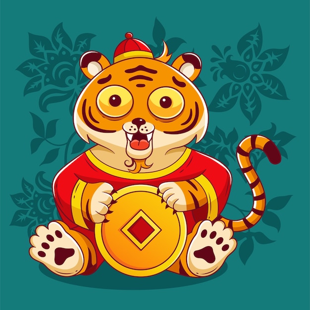 Cartoon little tiger in chinese traditional costume hold gold feng shui coin, cash. Chinese New Year