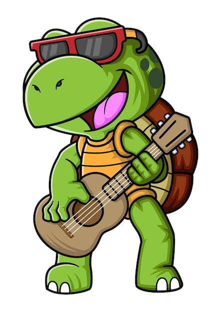 기타를 연주하는 만화의 작은 거북이