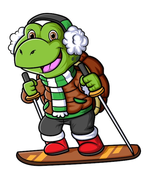 Маленькая черепаха из мультфильма катается на лыжах вниз по склону
